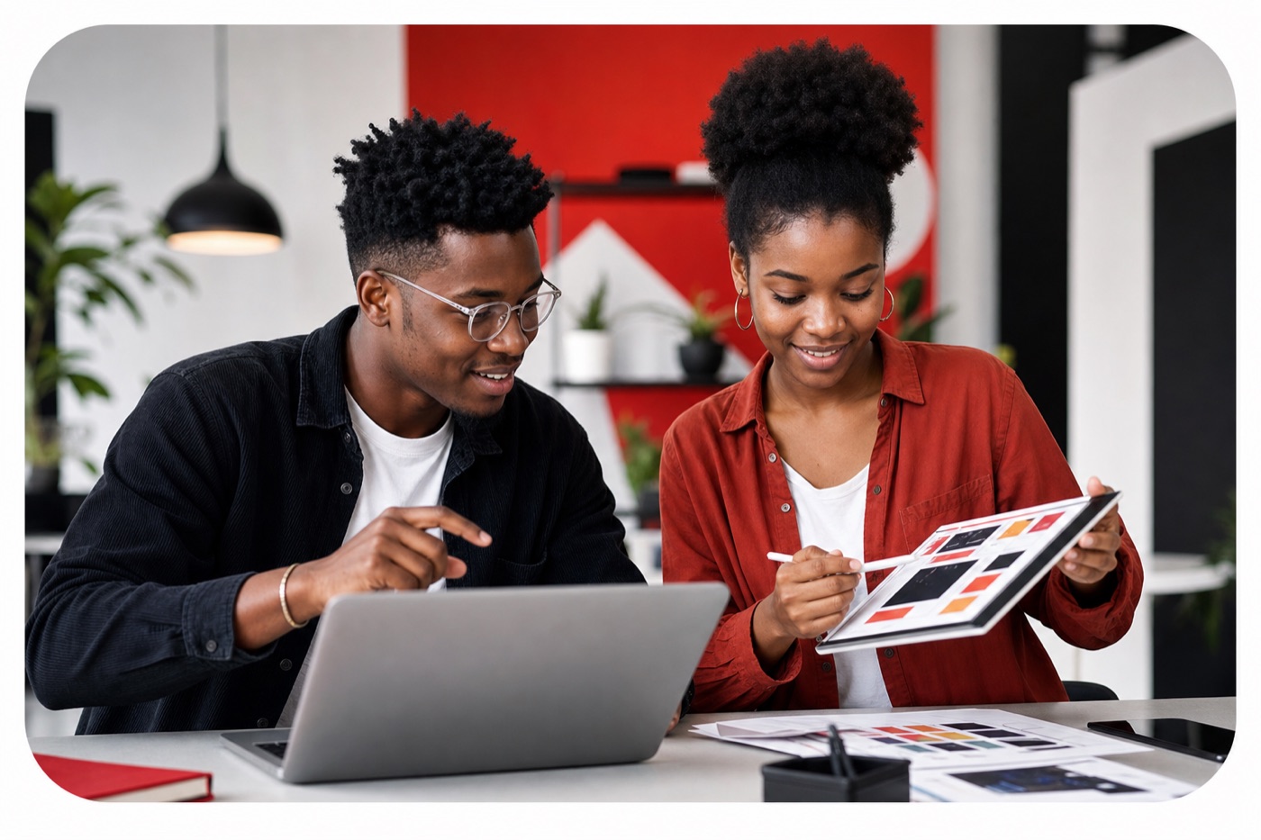 Jovens africanos negros estudantes de design e IT a colaborar num projecto digital