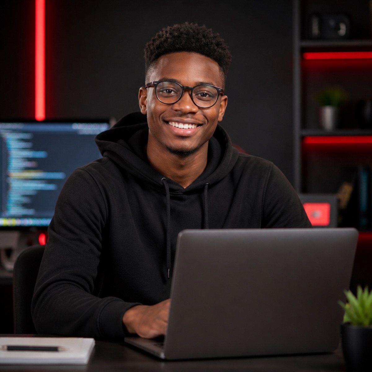 Jovem estudante africano negro de IT com laptop em ambiente de programação