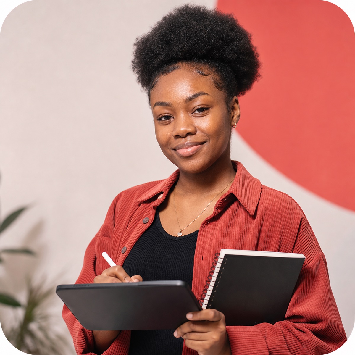 Jovem estudante africana negra a trabalhar em design digital com tablet e caderno